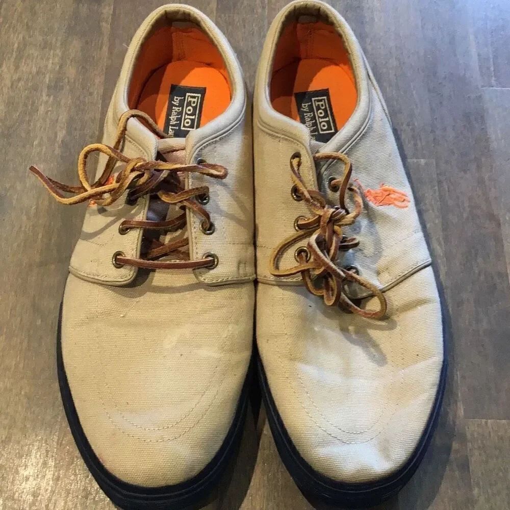 Ralph Lauren khaki Canvas and orange polo shoes size 14 D